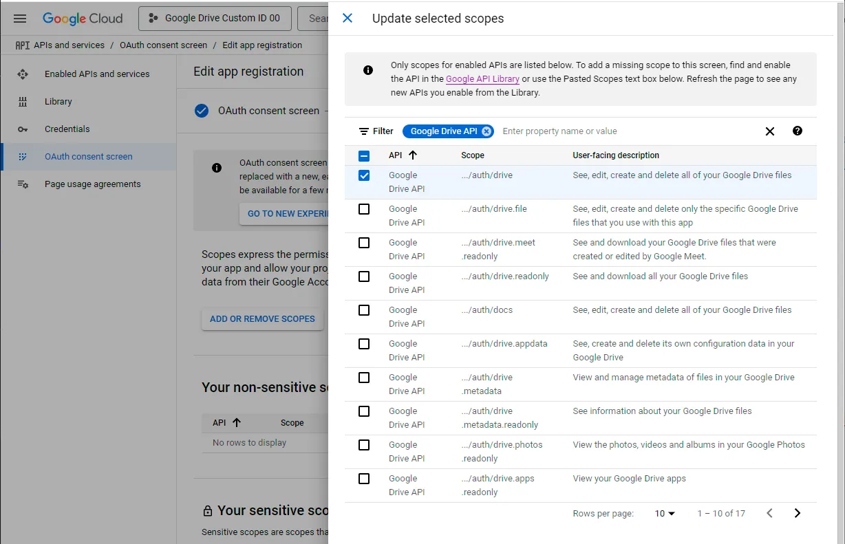 Añade el permiso de Google Drive: 3/3