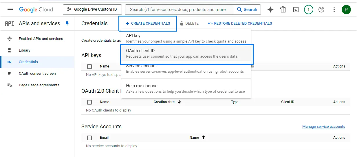 Crea las credenciales OAuth: 1/1