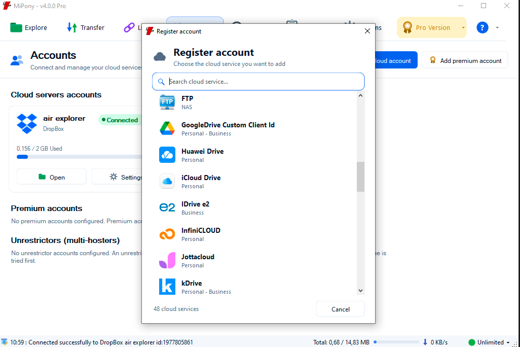 Mipony cloud account selector showing the GoogleDrive Custom Client Id option
