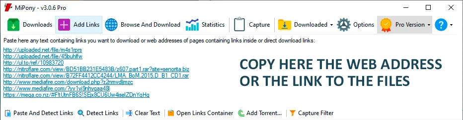 Copy direct download links or the full webpage address.