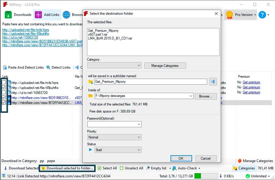 Select the destination folder for the downloads
