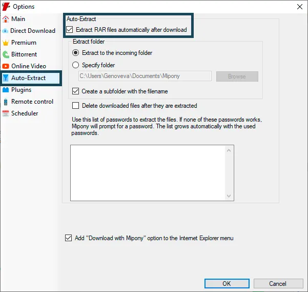 Auto-extract option in Mipony advanced options