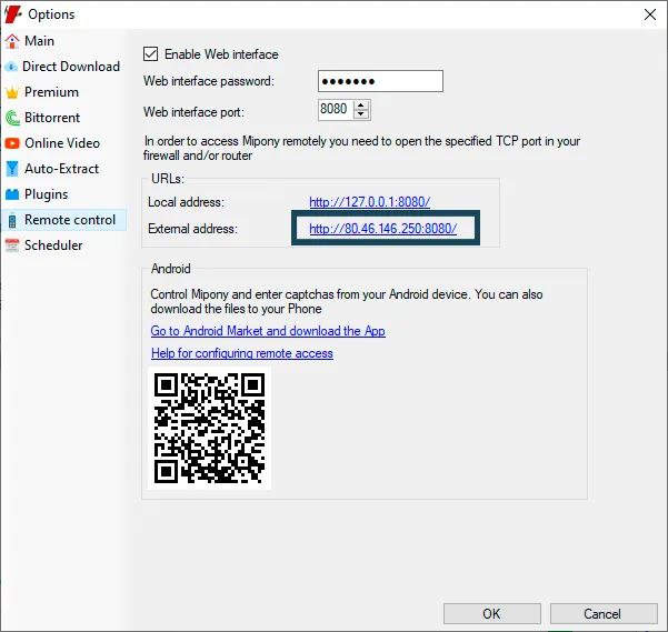Remote control option in Mipony options