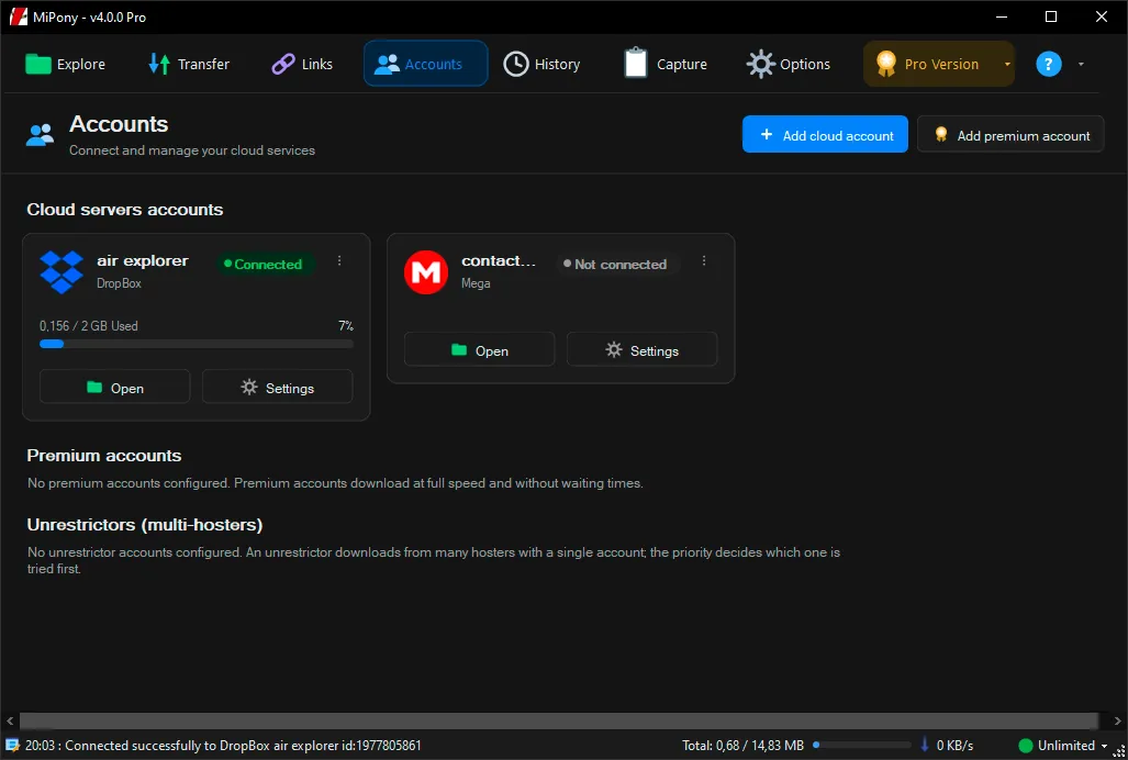 Mipony accounts screen showing Dropbox and Mega services and storage used in each account