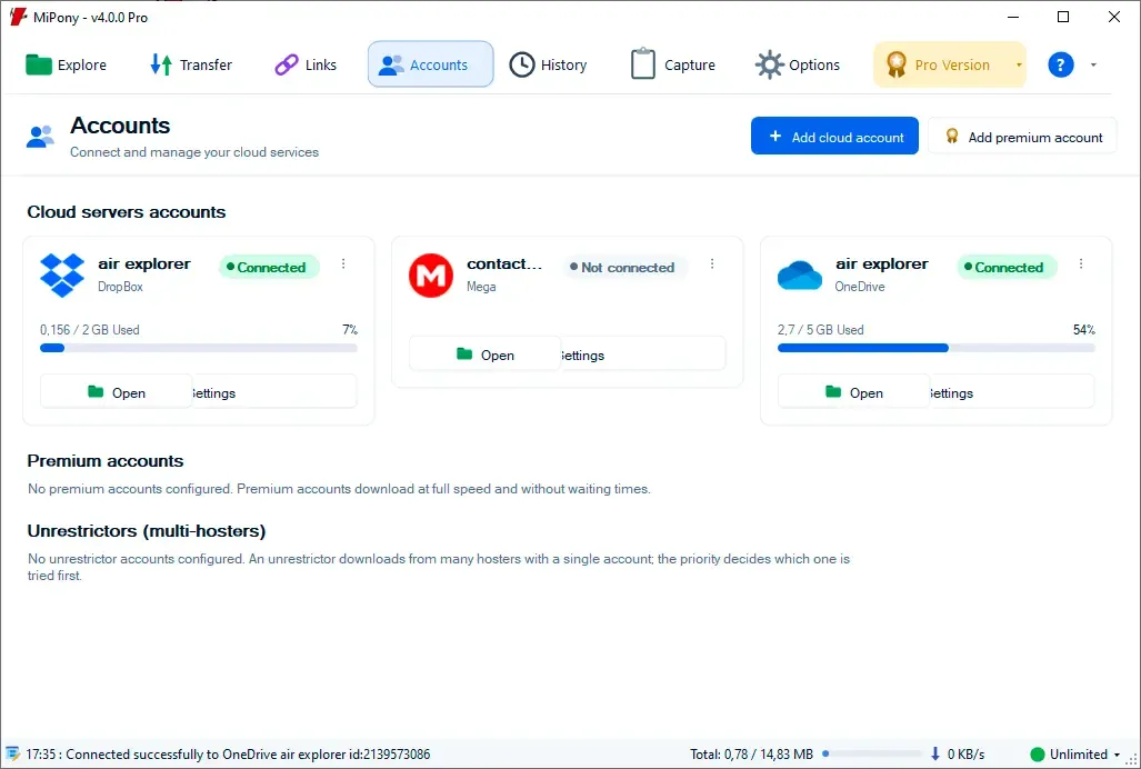 Pestaña Cuentas de Mipony con las cuentas de Dropbox y OneDrive conectadas y el espacio utilizado en cada una