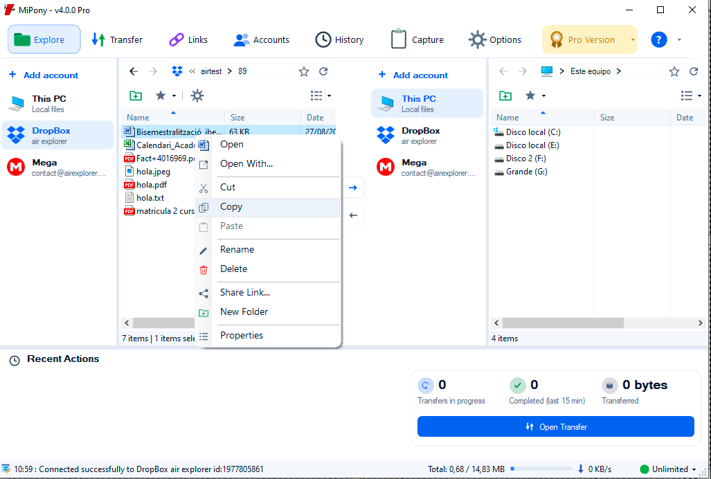 File context menu in Mipony's cloud explorer