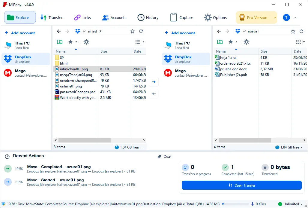 Mipony file explorer with two cloud folder panes and buttons to transfer files between them