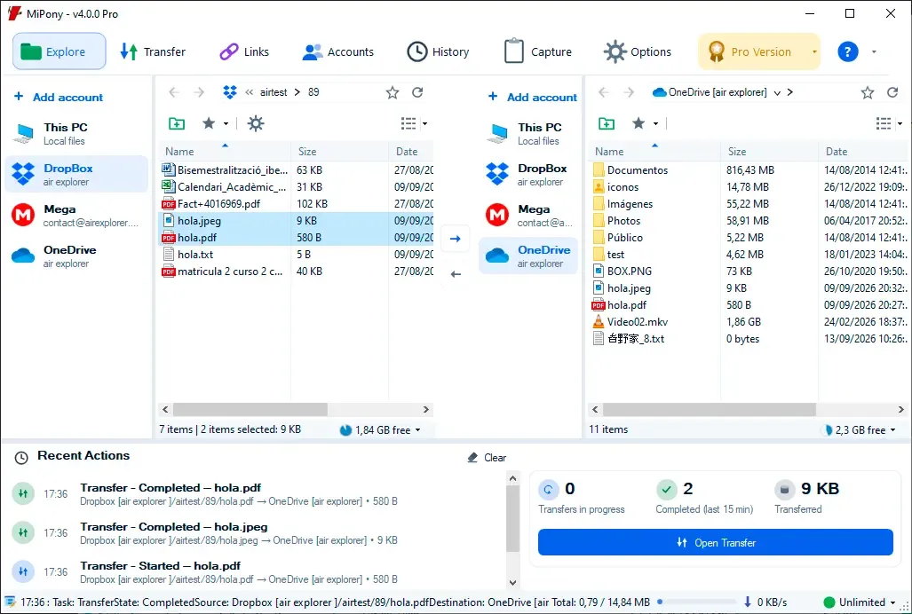 Pestaña Explorar de Mipony con Dropbox en el panel izquierdo y OneDrive en el derecho, tras copiar dos archivos entre ellas