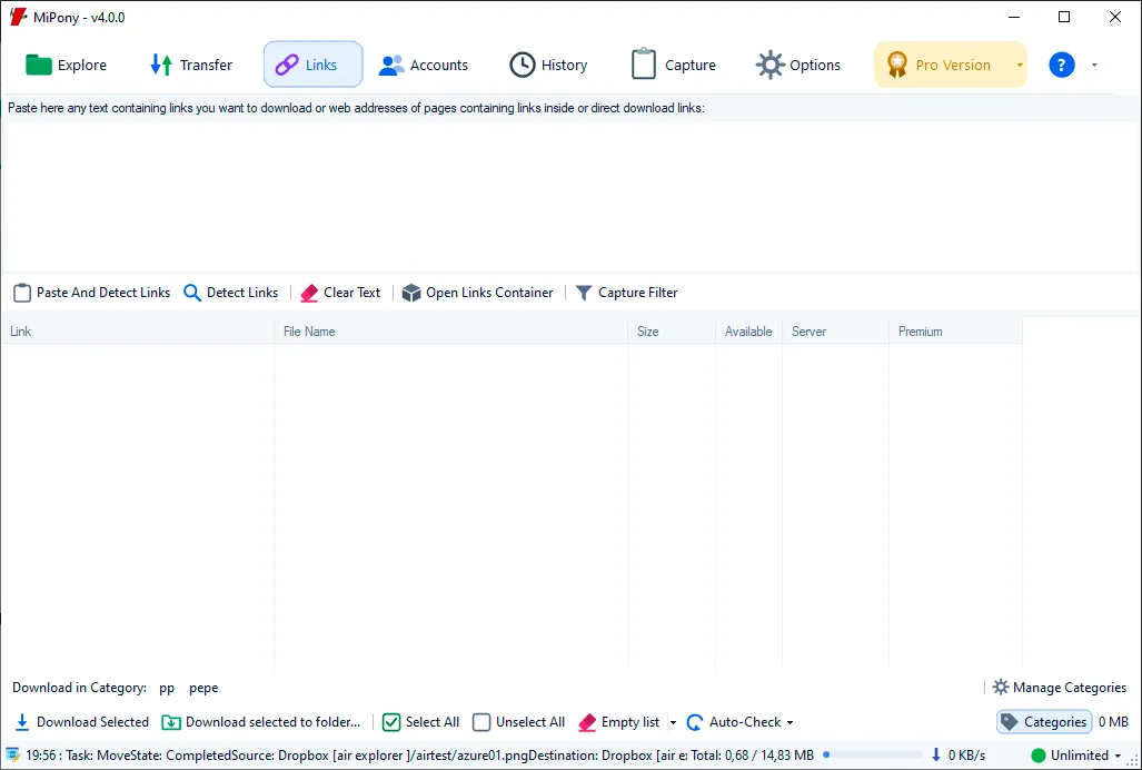 Mipony Links tab with an area to enter links and a table of detected files