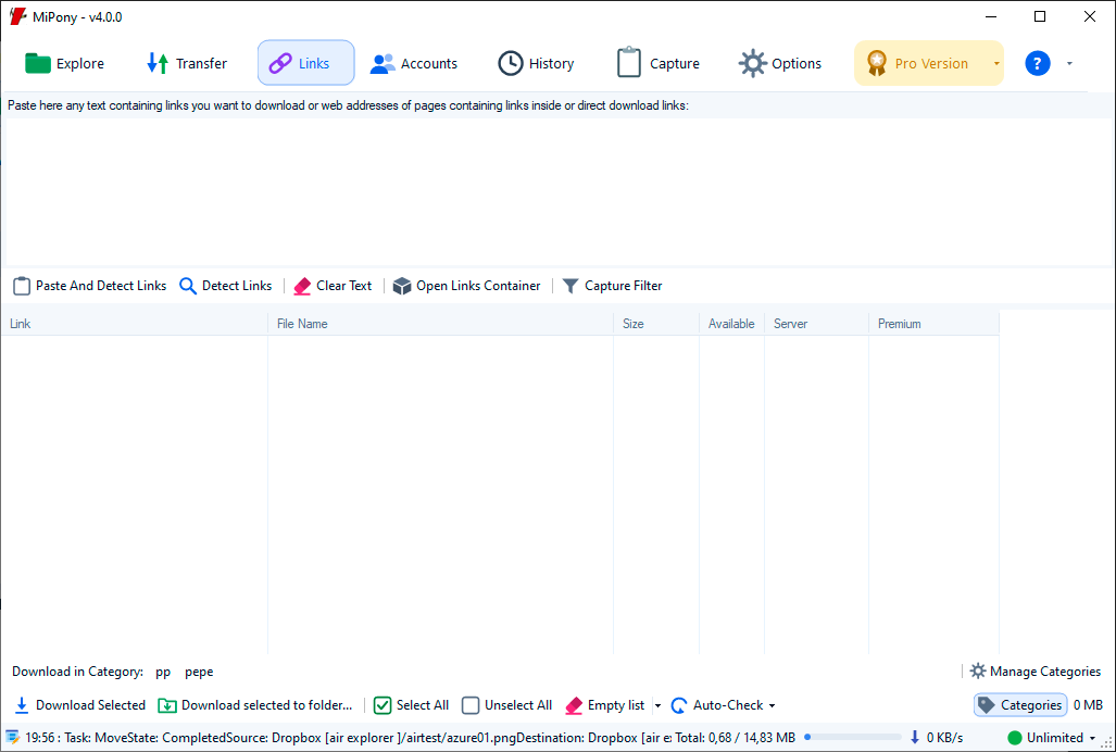 Links tab with an area to paste addresses and a list of detected files