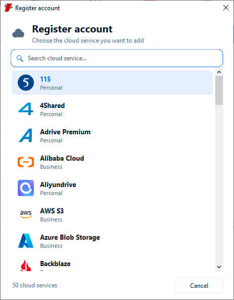 Cloud provider picker with search field and service list