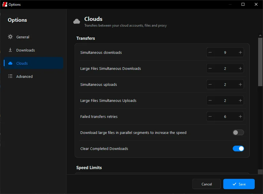 Mipony Clouds options for simultaneous transfer limits and retrying failed operations
