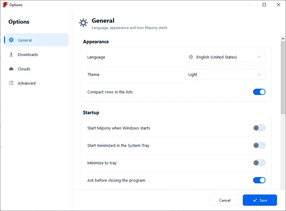 Mipony General options for language, theme, and Windows startup behavior
