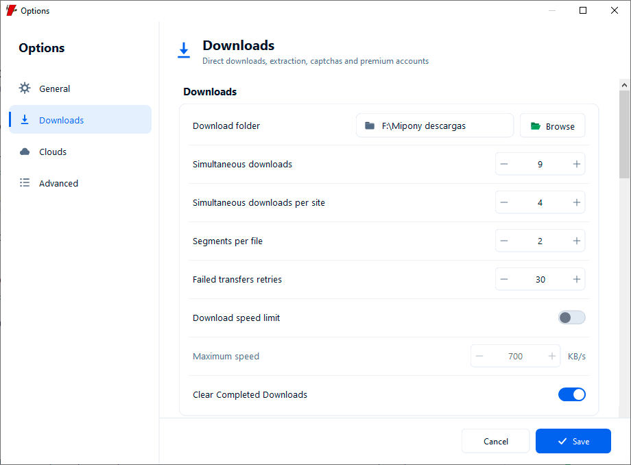 Direct-download options showing destination folder, concurrency, and speed limit