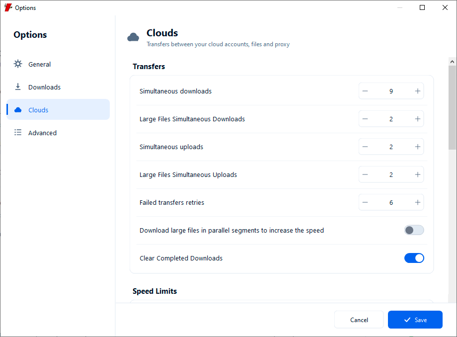 Cloud options with simultaneous-transfer limits and retries