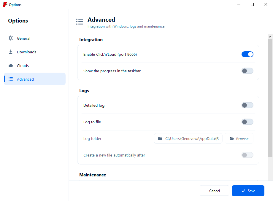 Advanced options with Windows integration and diagnostic logging