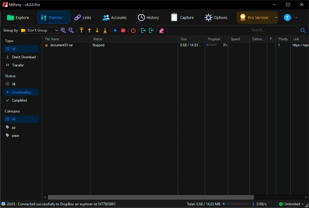 Mipony Transfers tab showing a file list, status, progress, and operation controls