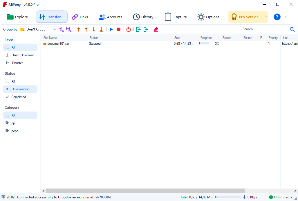 Transfers tab with operation list, filters, and start and stop controls