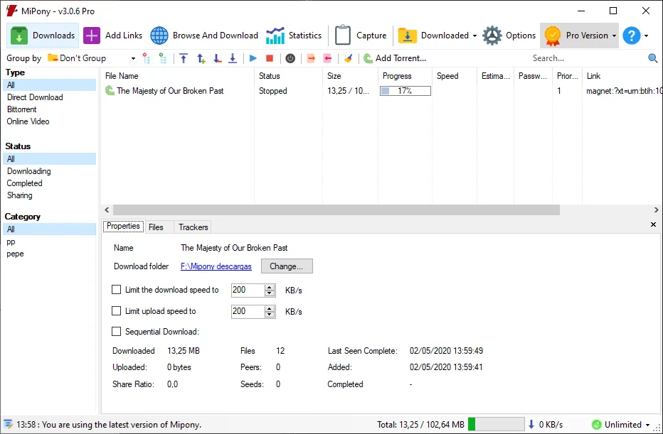 Review the torrent status and parameters from the downloads list.
