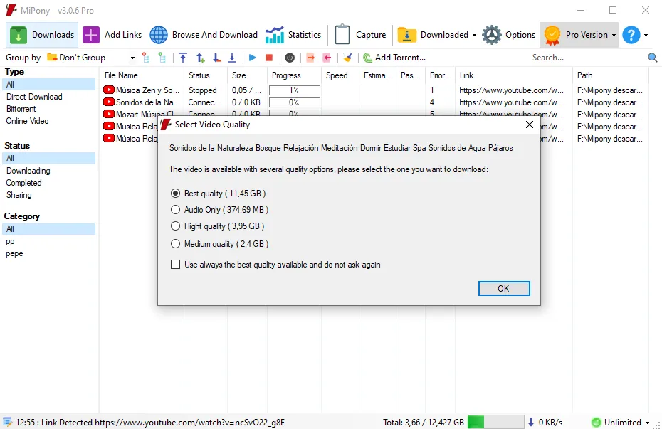 Choose the video quality before starting the download.