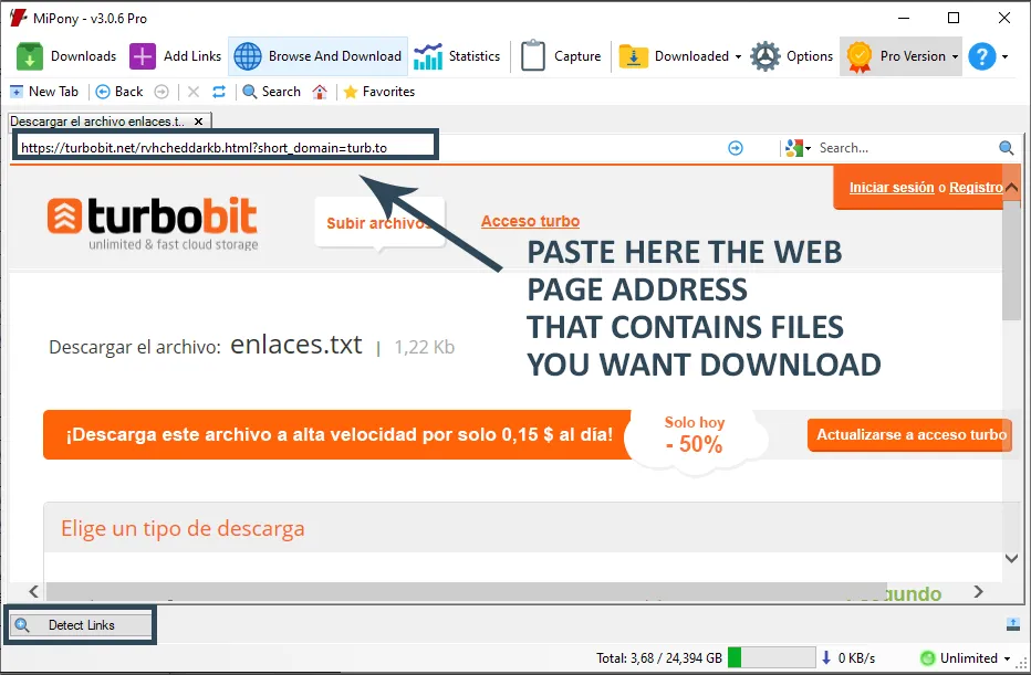 Use the internal browser to visit the page that contains the file links.