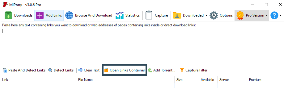 Mipony screenshot manual Open links container